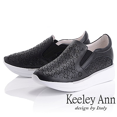 Keeley Ann 經典美型~水鑽鏤空花瓣內增高全真皮休閒鞋(黑色-Ann)