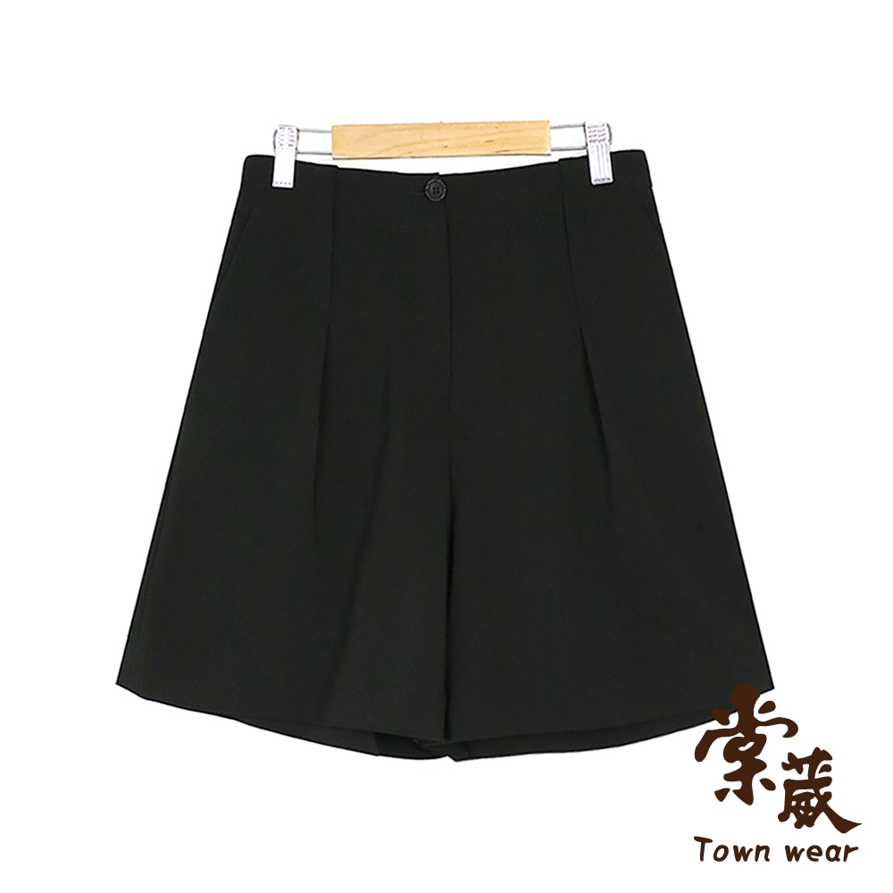 【TOWNWEAR棠葳】優雅壓褶棉質高腰短褲 2色(女下著/口袋/素面/上班族/OL) (黑色系)