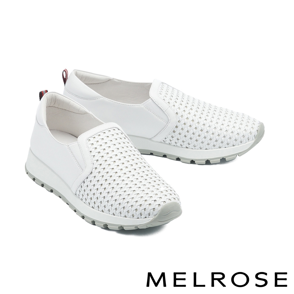 休閒鞋 MELROSE 美樂斯 百搭編織鏤空造型牛皮厚底休閒鞋－白