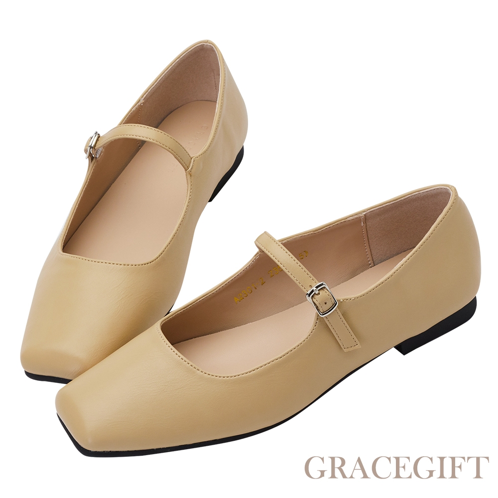 【Grace Gift】氣質方頭瑪莉珍芭蕾平底鞋 卡其