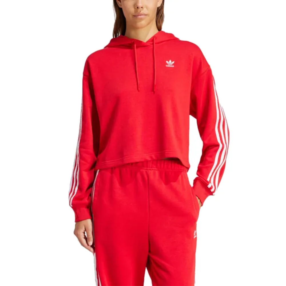 adidas 上衣 女款 長袖上衣 帽T 運動 短版 三葉草 國際碼 3S SHORT HOODIE 紅 IN8387