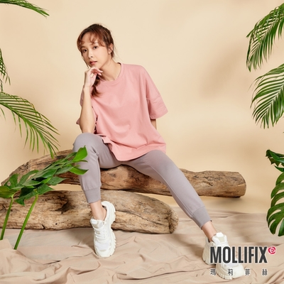 Mollifix 瑪莉菲絲 寬版不規則下擺短袖上衣 (粉) 暢貨出清、瑜珈服、背心、T恤