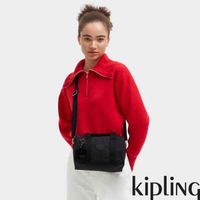 kipling 經典黑菱格紋印花中型圓筒手提肩背兩用包-bina m