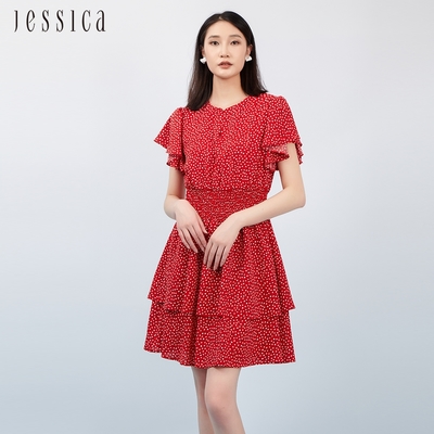 JESSICA - 甜美點點雪紡蛋糕裙擺收腰短袖洋裝23327A（紅）