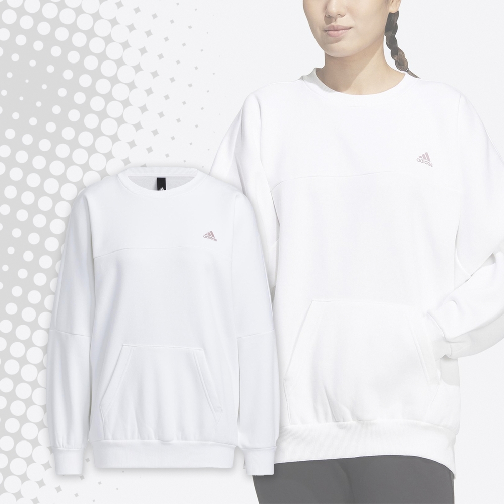 adidas 長袖上衣Sweatshirts 女款白休閒刷毛寬鬆愛迪達大學T 基本款