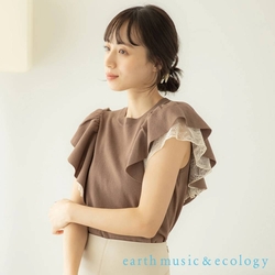 earth music   荷葉摺邊蕾絲袖拼接圓領針織上衣