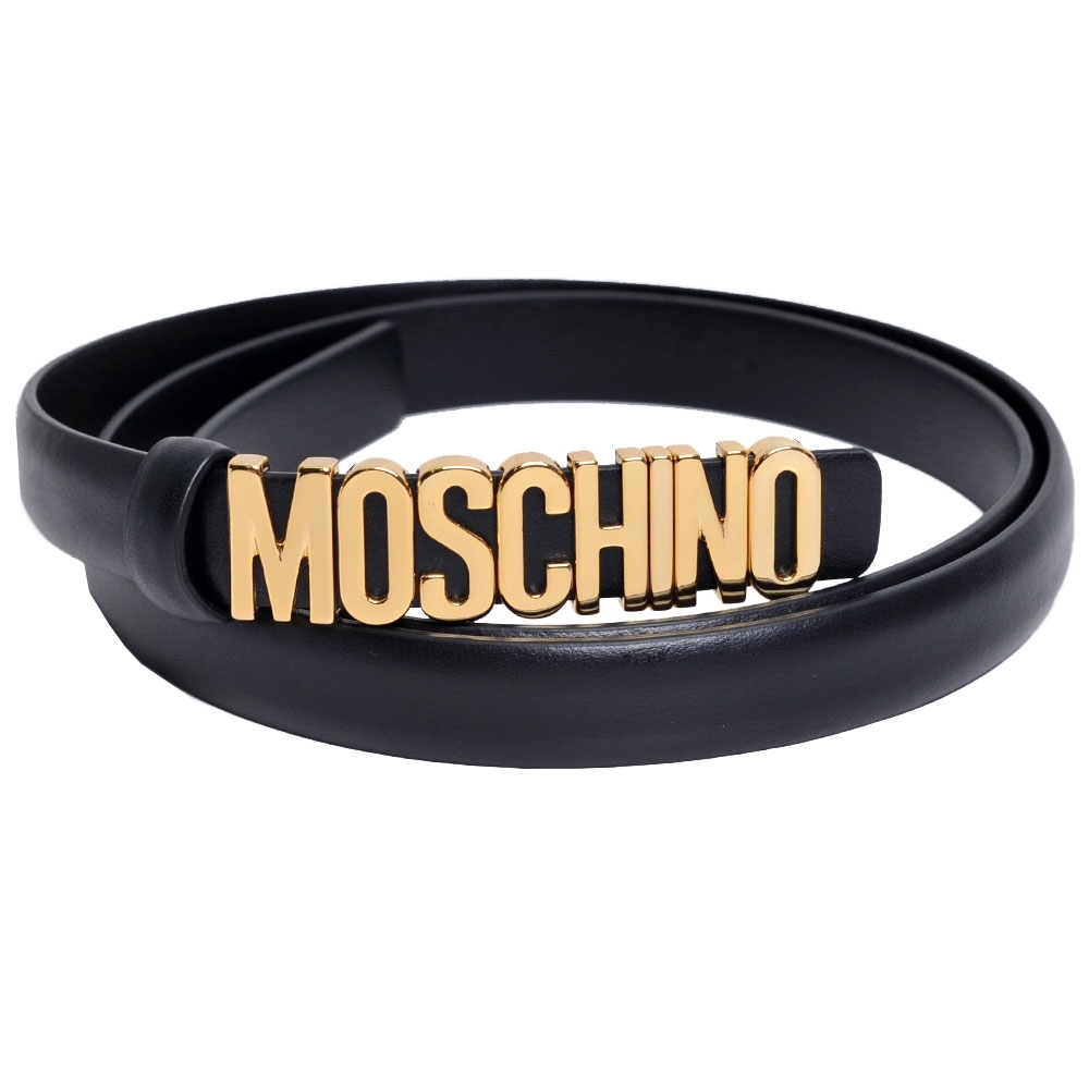 MOSCHINO 義大利製金色字母LOGO高質感細版皮帶(黑)