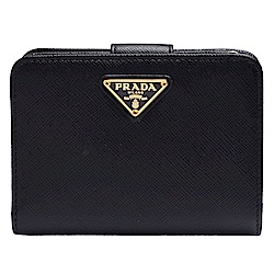 PRADA SAFFIANO TRIANG經典金色三角LOGO防刮牛皮短夾(黑)