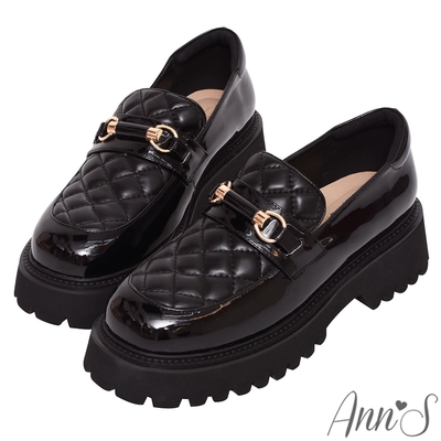 Ann’S拼接菱格紋-顯瘦輕量厚底樂福鞋5cm-黑