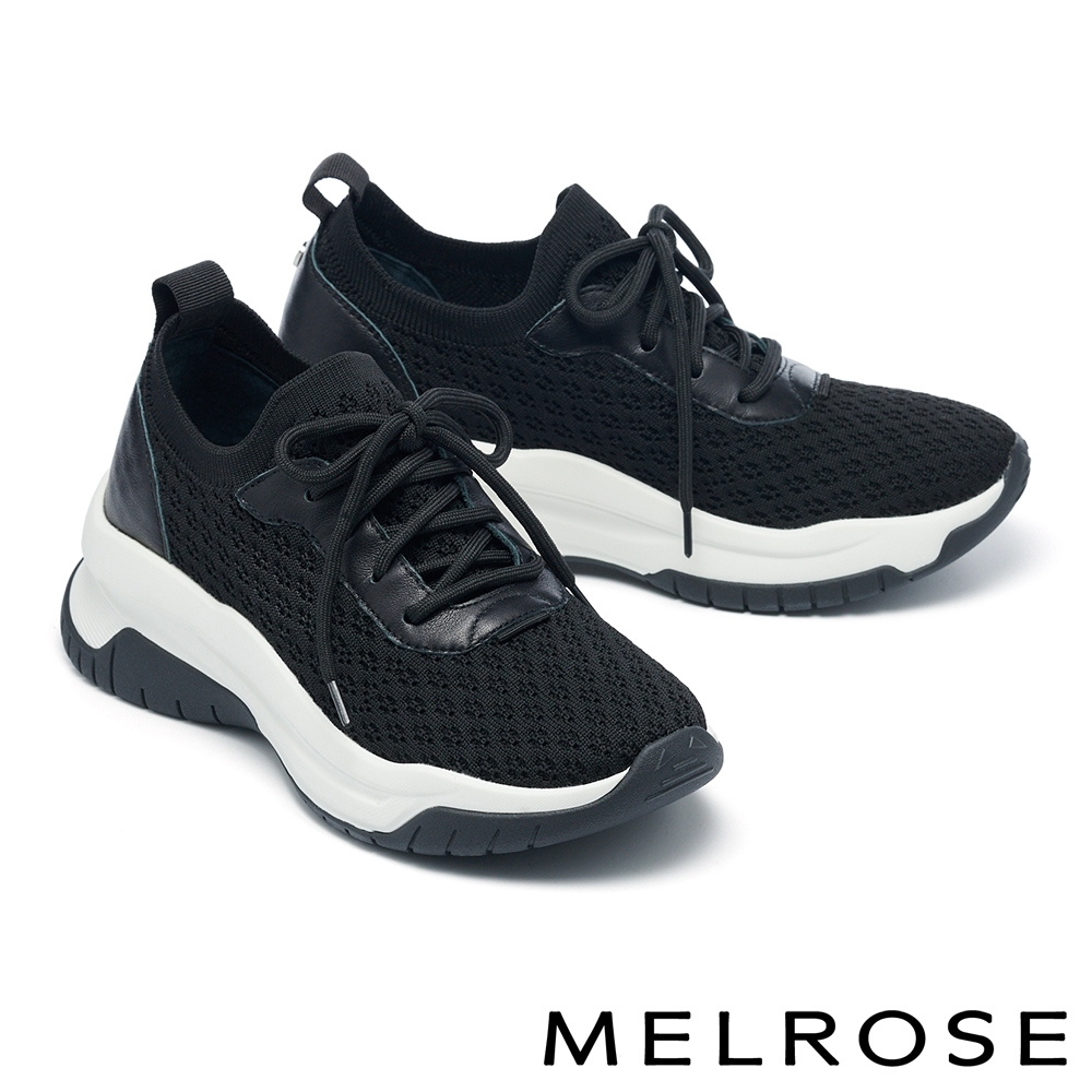休閒鞋 MELROSE 美樂斯 質感簡約飛織布牛皮綁帶厚底休閒鞋－黑