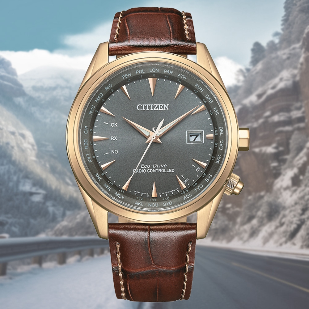 CITIZEN 星辰 GENTS 光動能 電波對時 不鏽鋼潮男腕錶-皮錶帶43mm(CB0273-11H)