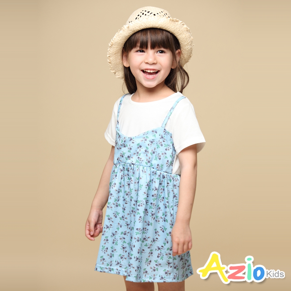 Azio kids美國派 女童 洋裝 滿版花草印花假兩件吊帶短袖洋裝(藍)