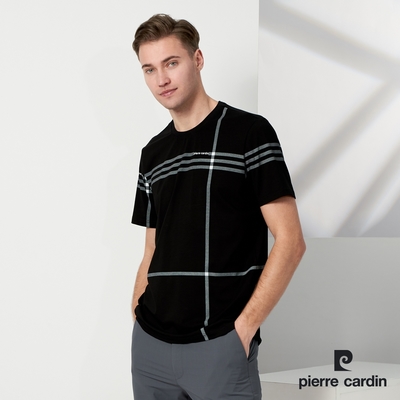 Pierre Cardin皮爾卡登 男款 大定位格子印花圓領短袖上衣-黑色(5237281-99)