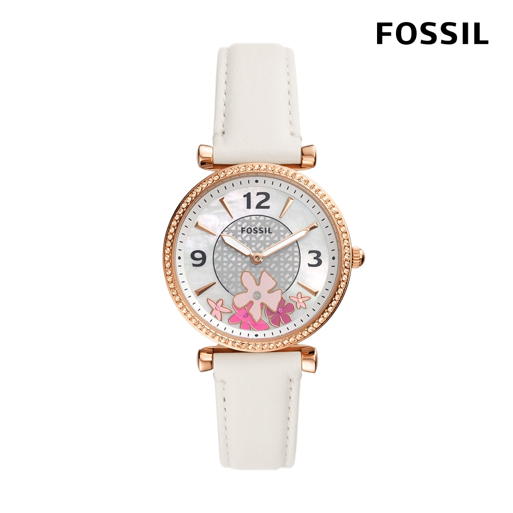 FOSSIL Carlie 清新花卉鑽圈女錶 白色真皮錶帶 35MM ES5187