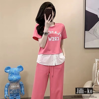 JILLI-KO 兩件套襯衫拼接運動感休閒套裝 - 粉紅/黑