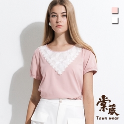 【TOWNWEAR棠葳】氣質蕾絲拼接棉質T恤 2色(女上衣/短袖/圓領/澎澎袖)