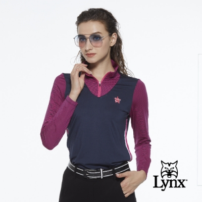 【Lynx Golf】女款合身款假兩件式條紋配布長袖立領POLO衫-深藍色