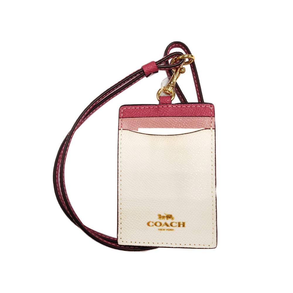 COACH 經典馬車LOGO皮革證件套票卡夾 米白x桃紅色