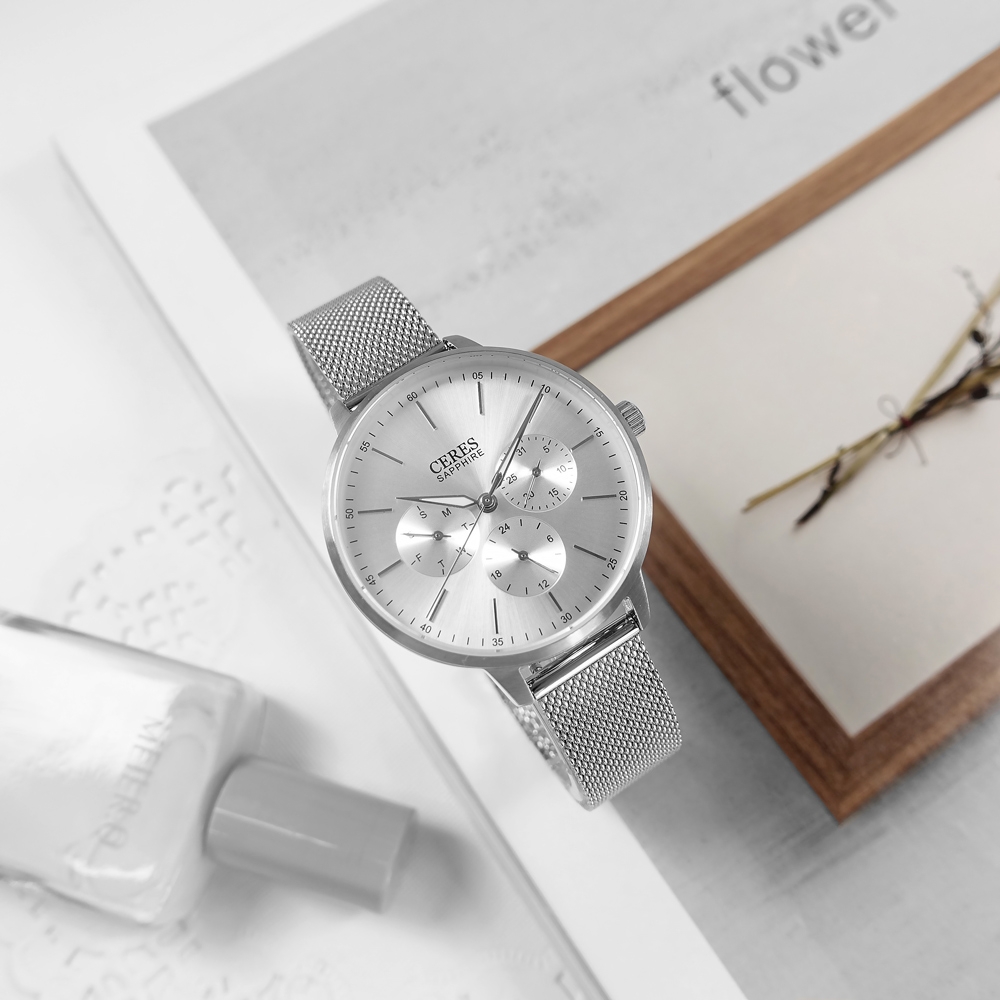 EROS CERES / 經典三眼 優雅迷人 米蘭編織不鏽鋼手錶 禮盒組-銀色/36mm