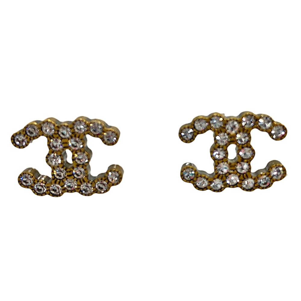 CHANEL 經典雙C LOGO造型水鑽鑲嵌穿式耳環(古銅金)