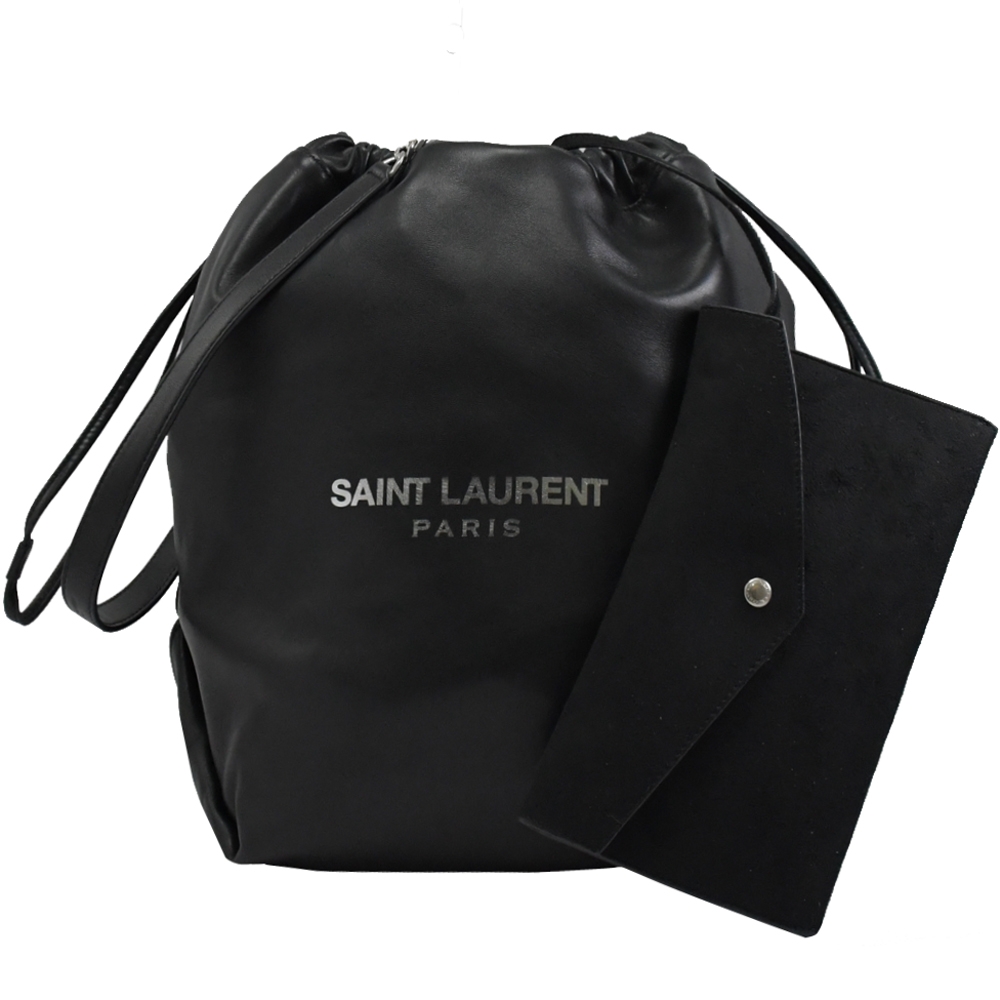 YSL Saint Laurent TEDDY 燙銀LOGO柔軟小羊皮單肩水桶包(黑)