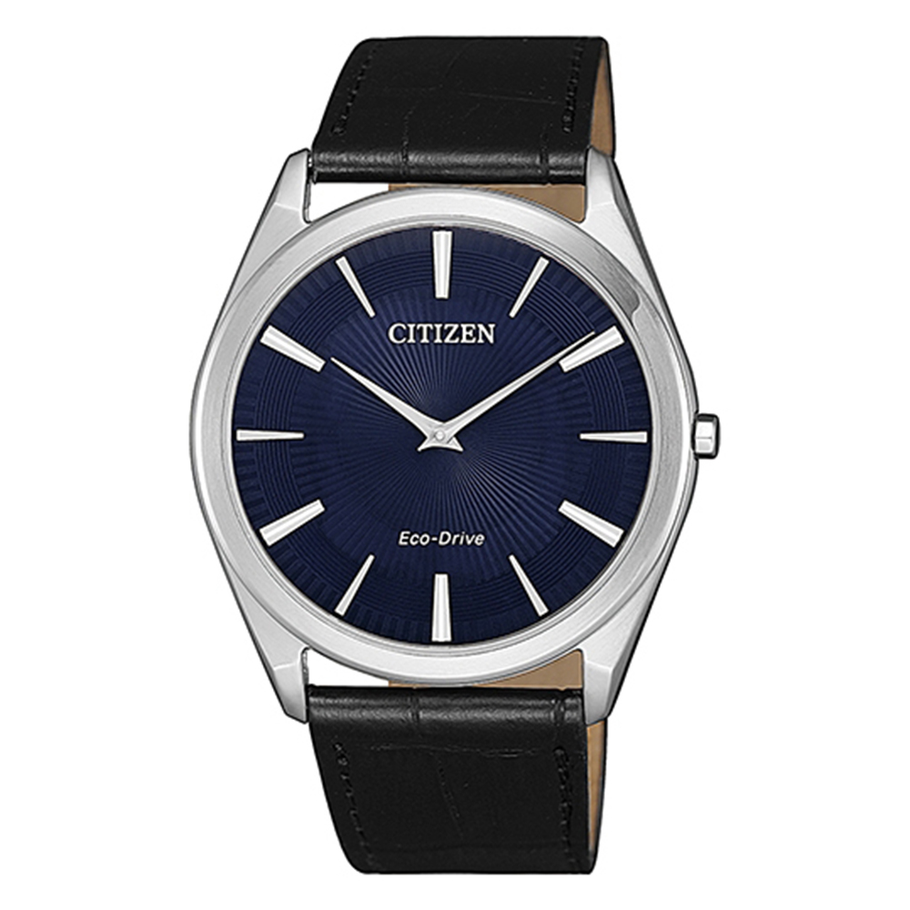 CITIZEN 星辰GENTS光動能時尚小牛皮革腕錶-黑藍37mm(AR3070-04L)