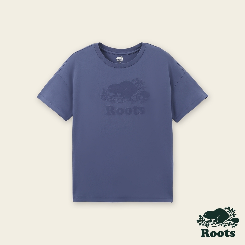 Roots女裝-絕對經典系列 海狸LOGO有機棉寬版短袖T恤-藍色
