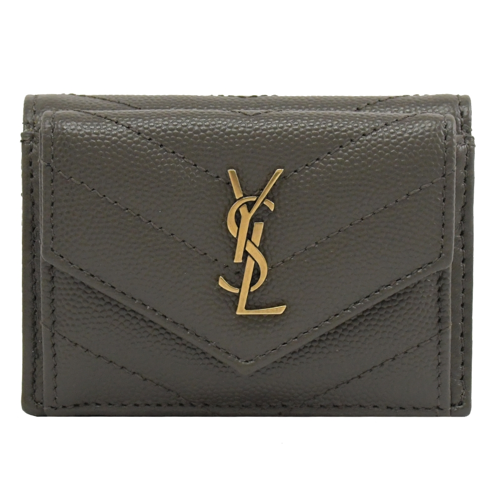 YSL Saint Laurent MONOGRAM V型車線魚子醬牛皮三折式零錢短夾(深灰)