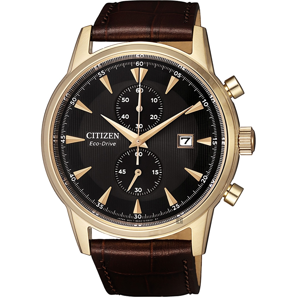 CITIZEN 星辰 光動能紳士計時手錶-玫瑰金框x咖啡/42.5mm CA7008-11E