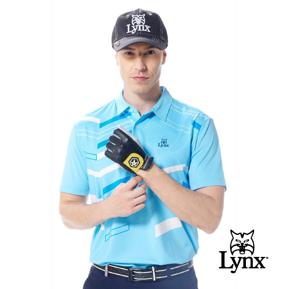 【Lynx Golf】男款吸濕排汗機能配色線條山貓繡花短袖POLO衫/高爾夫球衫-水藍色