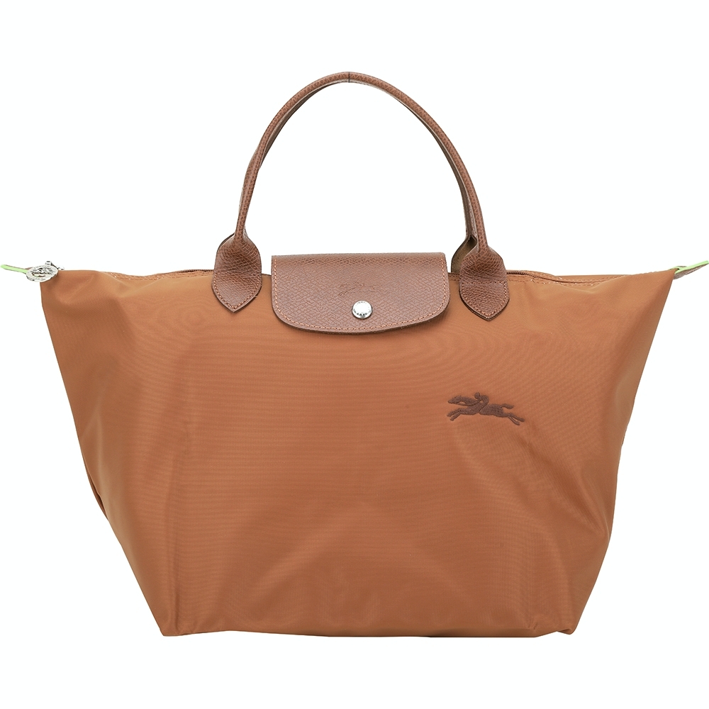 LONGCHAMP Le Pliage Green 奔馬刺繡短提把水餃包(M/白蘭地棕)