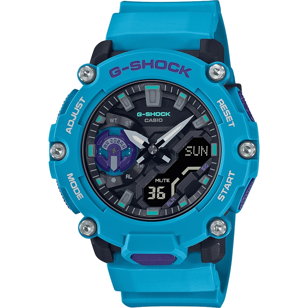 CASIO 卡西歐 G-SHOCK 一起冒險去 碳核心防護構造雙顯計時手錶 送禮首選-藍綠 GA-2200-2A