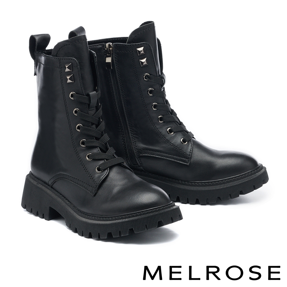 短靴 MELROSE 質感率性鉚釘牛皮綁帶高跟短靴－黑