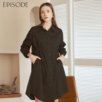 EPISODE - 休閒寬鬆紐扣棉質襯衫裙長洋裝E35707（黑）