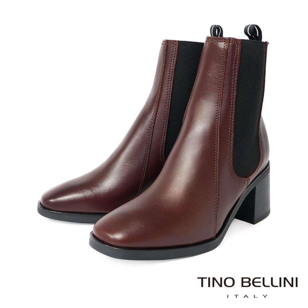 Tino Bellini 義大利進口摩登方頭中跟切爾西靴-酒紅