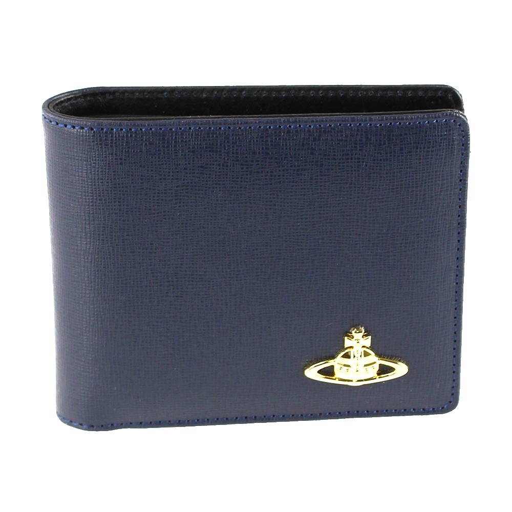 [盒損福利品] Vivienne Westwood 時尚素面6卡皮夾短夾 深藍色