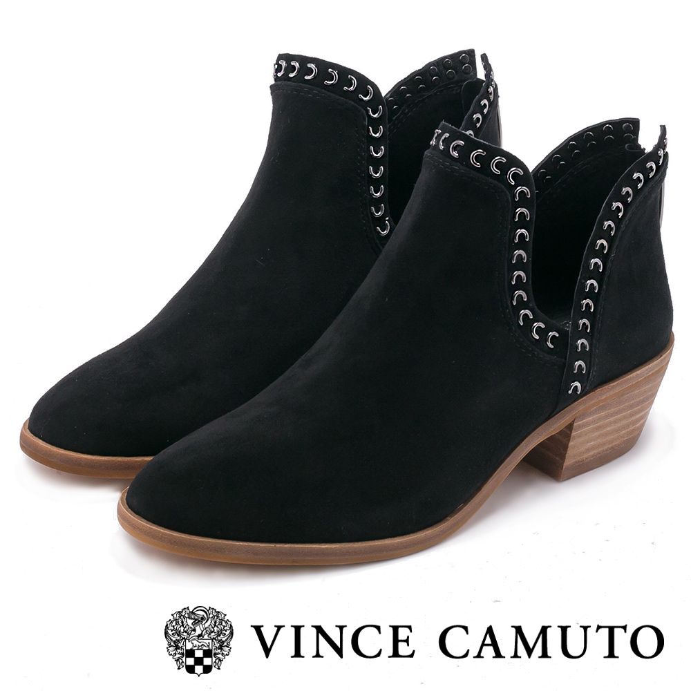 VINCE CAMUTO 側V鉚釘真皮中跟踝靴-黑色