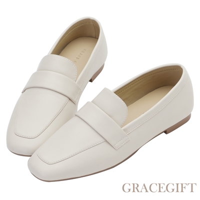 【Grace Gift】百搭達人素面方頭樂福鞋 米白