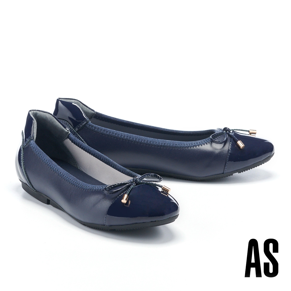 低跟鞋 AS 氣質高雅蝴蝶結異材質拼接低跟娃娃鞋－藍