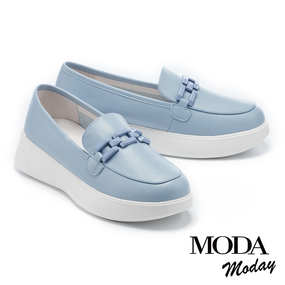 休閒鞋 MODA MODAY 簡約個性烤漆金屬鍊條全真皮休閒鞋－ 藍