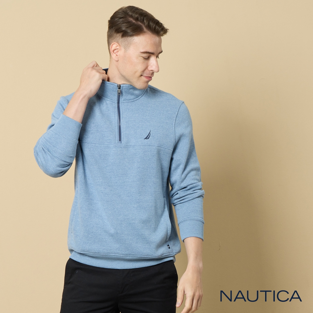 Nautica 男裝 經典刷毛立領拉鍊長袖POLO衫-藍