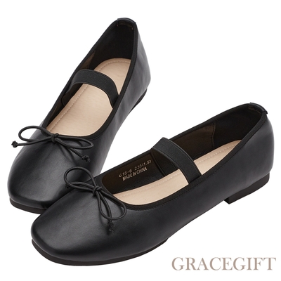 【Grace Gift】浪漫圓頭蝴蝶結平底芭蕾舞娃娃鞋 黑
