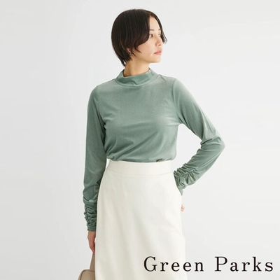 green parks 微透光澤絲絨高領袖抓褶上衣