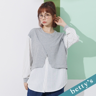 betty’s貝蒂思 假兩件開衩條紋長袖上衣(灰色)