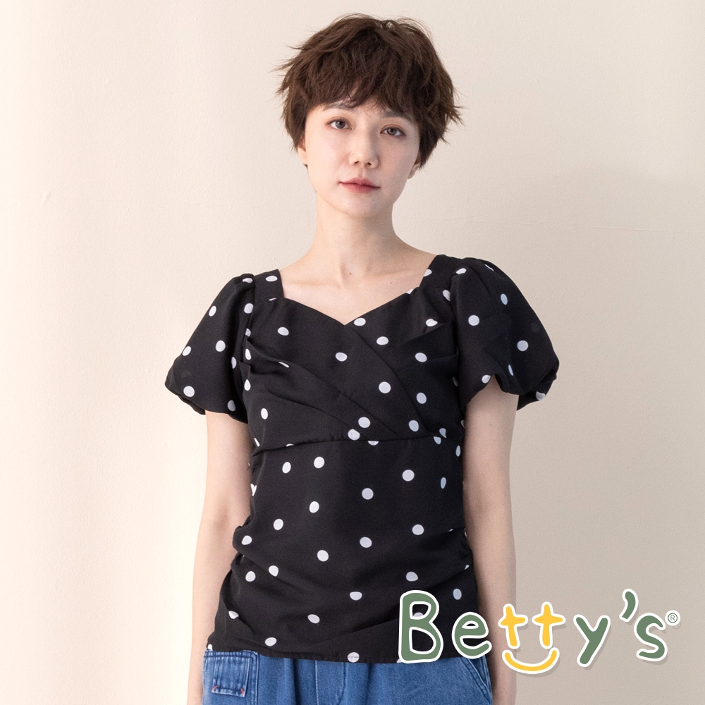 betty’s貝蒂思　短版圓點V領壓飾上衣 (黑色)