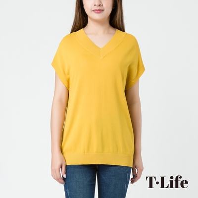 T.Life 歐風休閒簡約V領薄料短袖長版針織上衣(4色)