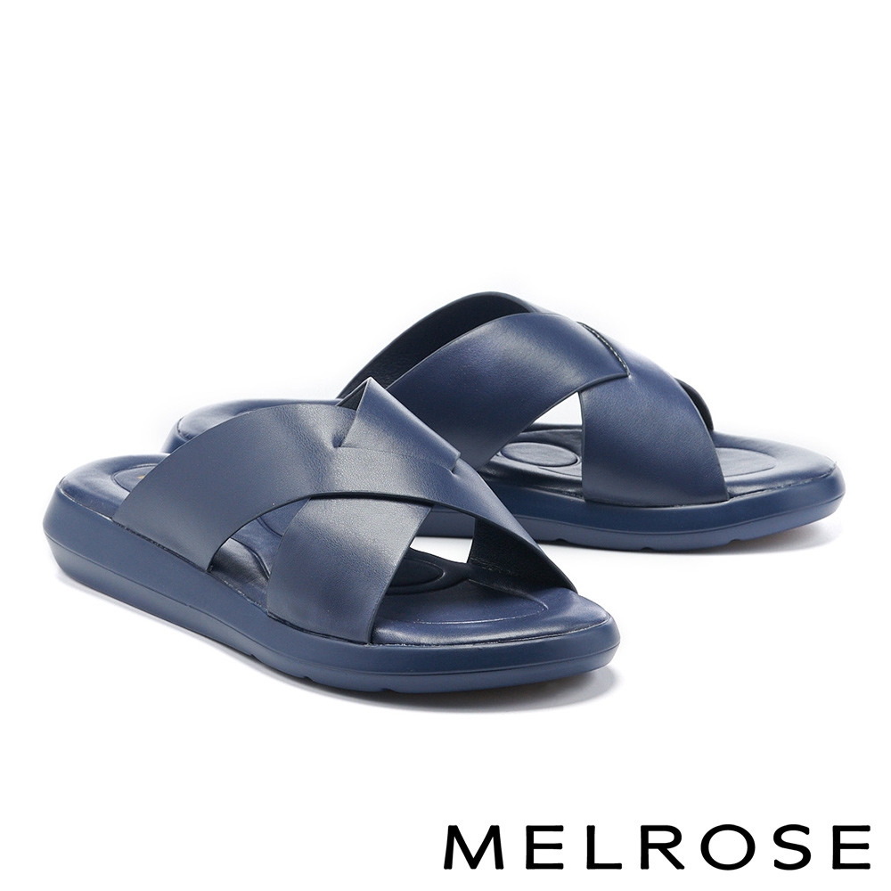 拖鞋 MELROSE 極簡純色交叉寬帶厚底拖鞋－藍