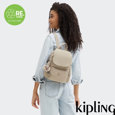 『猴子包』Kipling 米色老花掀蓋拉鍊後背包-CITY ZIP MINI