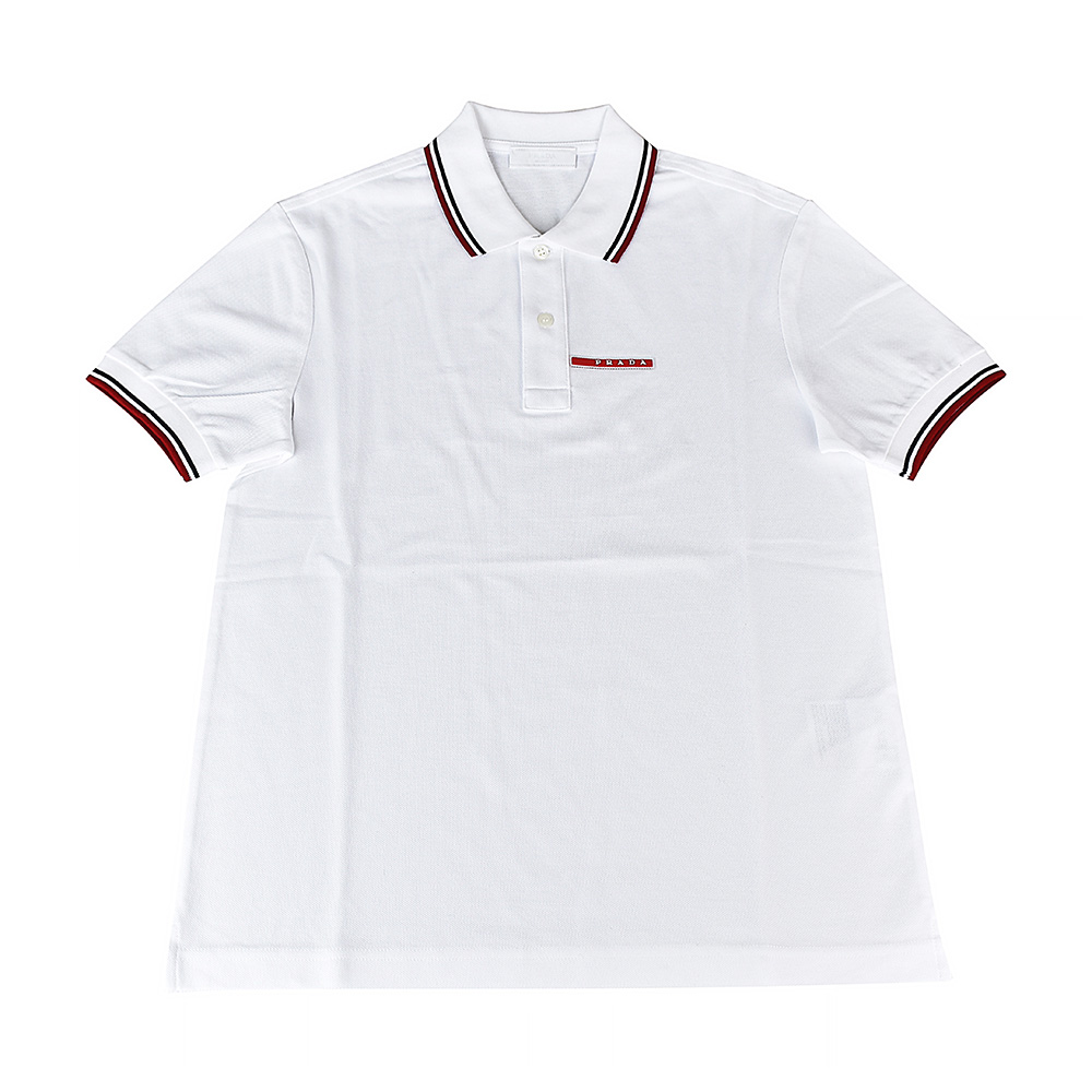 PRADA經典橡膠LOGO紅白設計純棉短袖POLO衫(白)