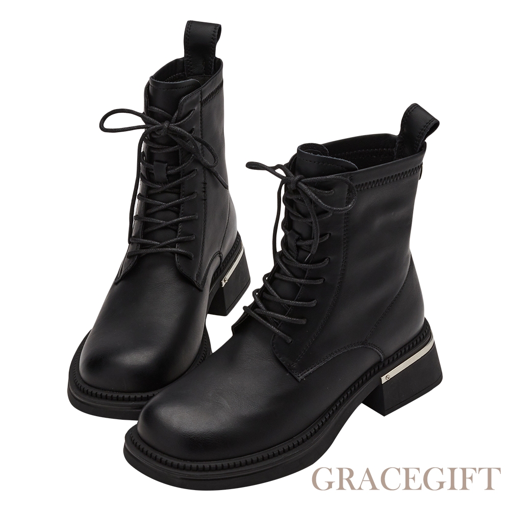 【Grace Gift】前衛金屬感圓頭馬汀靴 黑